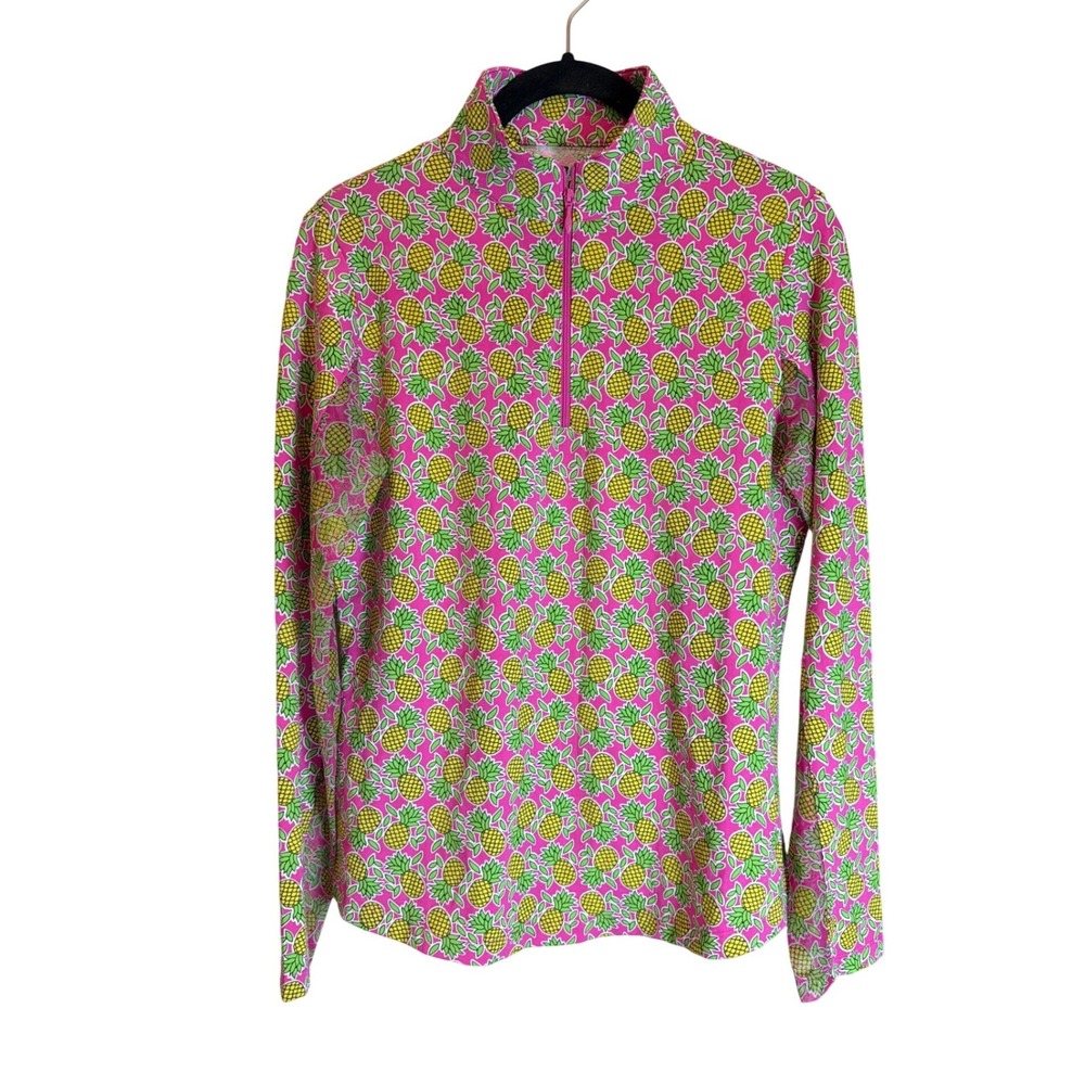 IBKUL Women Pink Pineapple Print UPF 50+ Quarter Zip Sun Shirt Small Long Sleeve